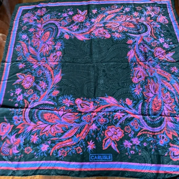 Carlisle Black Scarf with Purple and Pink Floral Accents silk 32“ x 32“ - Picture 4 of 8